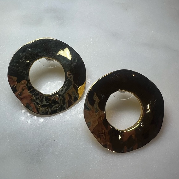 Hammered Gold Tone Sculptural Donut Earrings | 1.5” Statement Hoops | Pierced - Picture 2 of 4